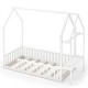 Twin house Montessori bed frame in white with built-in storage shelf, designed for safety and independence for kids.