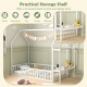 Twin house bed frame in white with built-in storage shelf for toys and decorations, designed for kids' independence.