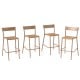 Light brown patio barstool showcasing a curved metal backrest and woven rattan seat, ideal for stylish outdoor seating.