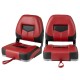 Set of 2 red and black folding low back fishing boat seats with ergonomic design for comfortable outdoor use.
