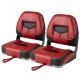 Set of 2 red and black folding low back fishing boat seats with ergonomic support, designed for outdoor durability.
