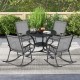 Set of two gray folding rocking chairs with breathable fabric and ergonomic design, perfect for outdoor relaxation.