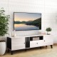 Mid Century Modern TV stand in oak finish with open shelf and storage, designed for 80" TVs, ideal for living rooms.