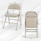 Foldable chair with padded seat and fabric backrest, featuring a space-saving design for easy storage and portability.