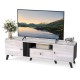 Mid Century Modern TV stand in oak with spacious 68" tabletop, storage doors, and fluted decoration for living rooms.
