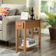 Narrow end table with wooden legs, featuring a drawer and open shelf, perfect for bedside or living room use.