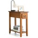 Narrow end table with wooden legs, featuring a drawer and open shelf, perfect for bedside or living room storage.