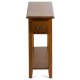 Narrow end table showcasing a spacious tabletop and lower open shelf, ideal for compact living room or bedroom use.