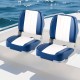 Folding low back boat seats in blue and white PVC leather, waterproof and ergonomically designed for comfort.