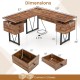 L-shaped computer desk in rustic brown with 3 storage drawers and power outlets, ideal for corner placement.