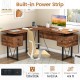 L-shaped computer desk in rustic brown with power outlets and three storage drawers, perfect for home office.