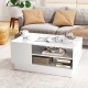 Modern white coffee table with 2-tier open storage shelves, featuring a spacious tabletop and sleek design for.