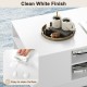 Modern coffee table in clean white finish featuring easy-to-clean surface and two-tier open storage shelves.