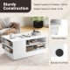 Modern coffee table in white with 2-tier open storage shelves, featuring a recessed base and non-slip foot pads for.