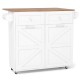Rolling kitchen island in white with a wooden top, featuring storage drawers and a tilt-out trash cabinet on wheels.