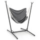 Hammock chair with stand in gray, featuring adjustable height and side pocket, perfect for indoor or outdoor use.