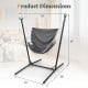 Hammock chair dimensions with adjustable height, gray fabric, and sturdy stand for indoor or outdoor leisure.