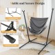 Hammock chair with stand in gray, featuring adjustable height, stable H-shaped base, and side pocket for storage.