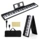 88-key foldable electric keyboard piano in black with dual speakers, microphone, and carry bag for easy transport.
