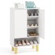 5-tier shoe cabinet in white with faux marble countertop, featuring flat tilting shelves for stylish shoe storage.