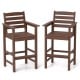 Set of 2 brown HDPE Adirondack bar chairs with wide armrests, slatted seats, ideal for outdoor patio use.