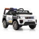 Kids ride-on police car in white with flashing lights, remote control, and safety features for fun outdoor adventures.