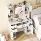 Makeup vanity desk in white with lighted mirror, storage drawers, and charging station for convenient organization.