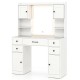 Makeup vanity desk in white with a sleek design, featuring multiple storage options and a stylish lighted mirror.