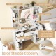 Makeup vanity desk in white with lighted mirror, large storage, and adjustable shelves for organized beauty essentials.