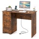 Rustic brown wooden computer desk workstation with large tabletop and three drawers, ideal for home and office use.