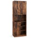Rustic brown kitchen pantry storage cabinet with microwave stand, featuring 2 doors and 3 open shelves for organized.