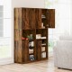 Rustic brown kitchen pantry storage cabinet with spacious microwave stand and a single-door cabinet for taller items.