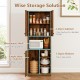 Rustic brown kitchen pantry storage cabinet with microwave stand, 2-door design, and 3 open shelves for easy access.