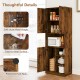 Kitchen pantry storage cabinet in rustic brown with a microwave stand, open shelves, and easy-to-clean surface for.