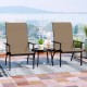 Two outdoor Adirondack chairs with high backs and a metal frame, perfect for patio relaxation and garden use.
