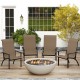 Outdoor Adirondack chairs with high backs and metal frames, perfect for patio relaxation and durable in various weather.