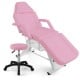 Pink massage bed with hydraulic stool, featuring adjustable backrest and legrest, removable headrest, and storage boxes.