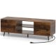 Rustic brown TV stand with power outlets, adjustable shelf, and cable management for TVs up to 60 inches.