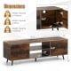 Dimensions of the rustic brown TV stand with adjustable shelf, featuring 2 cabinets and power outlets for media storage.