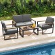 Modern patio aluminum sofa set with grey cushions and wood-plastic armrests, perfect for poolside relaxation.