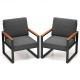 Two modern patio armchairs in grey with aluminum frames and wood-plastic armrests, ideal for balcony relaxation.