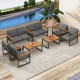 Patio aluminum sofa set with two modern armchairs in grey, featuring wood-plastic armrests, ideal for outdoor.