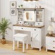 Makeup vanity desk in white with mirror, 3-color LED lights, matching stool, and adjustable shelves for organized.