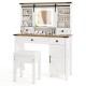 Makeup vanity desk in white with LED mirror, 6 shelves, 4 drawers, and matching stool for organized beauty essentials.
