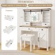 Makeup vanity desk with mirror and LED lights, featuring 4 drawers, adjustable shelves, and a matching stool in white.