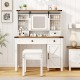 Makeup vanity desk in white with LED mirror, adjustable shelves, and matching stool for stylish organization.