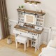 Makeup vanity desk in white with LED mirror, 6 shelves, 4 drawers, and matching stool for stylish organization.