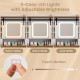 Makeup vanity desk with a mirror featuring 3-color dimmable LED lights and adjustable brightness for versatile lighting.