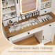 Makeup vanity desk with transparent glass tabletop, featuring a 3-color LED mirror and ample storage for cosmetics.