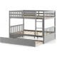 Full over full gray bunk bed with sturdy ladder and trundle for extra storage, ideal for children's rooms and compact.